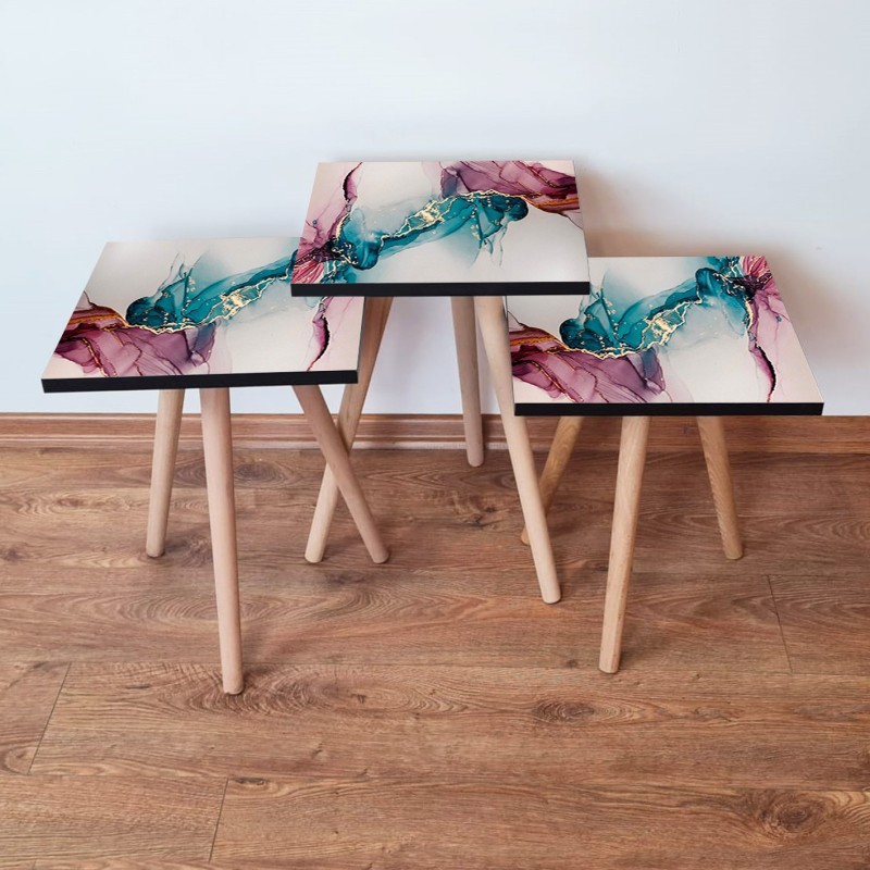 15788_0-800x800 Τραπέζια βοηθητικά Shape σαλονιού 3 τεμάχια ροζ μπλε κρεμ MDF ξύλινα πόδια 35x52cm ed15788 - Image 1